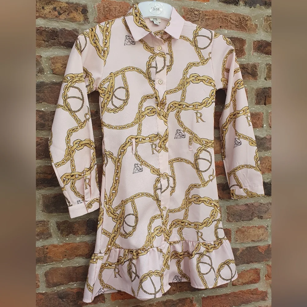 River Island chain print satin shirt dress pale pink 9yrs Ex Con - Picture 2 of 5